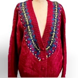 Vintage‎ 1990 deep v neck cardigan cable knit sweater fair isle oversized 80s